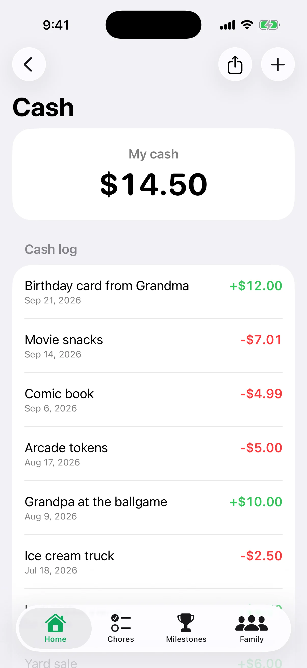 A cash log entry: birthday card from Grandma, +$12.00