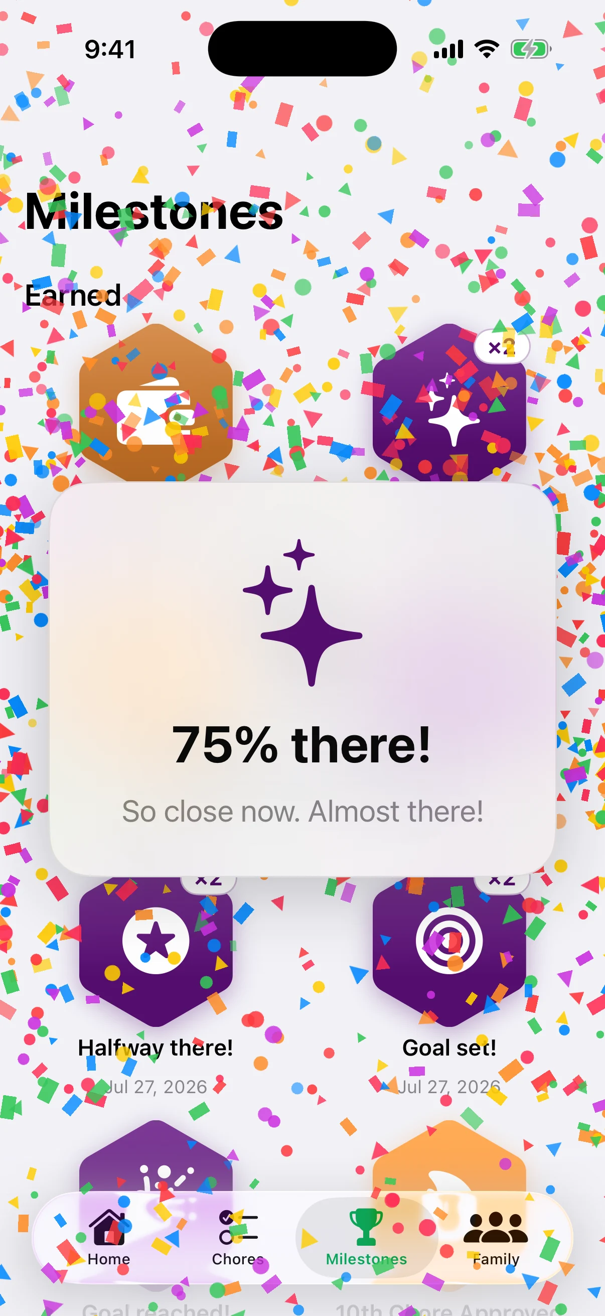 A '75% there!' celebration with confetti