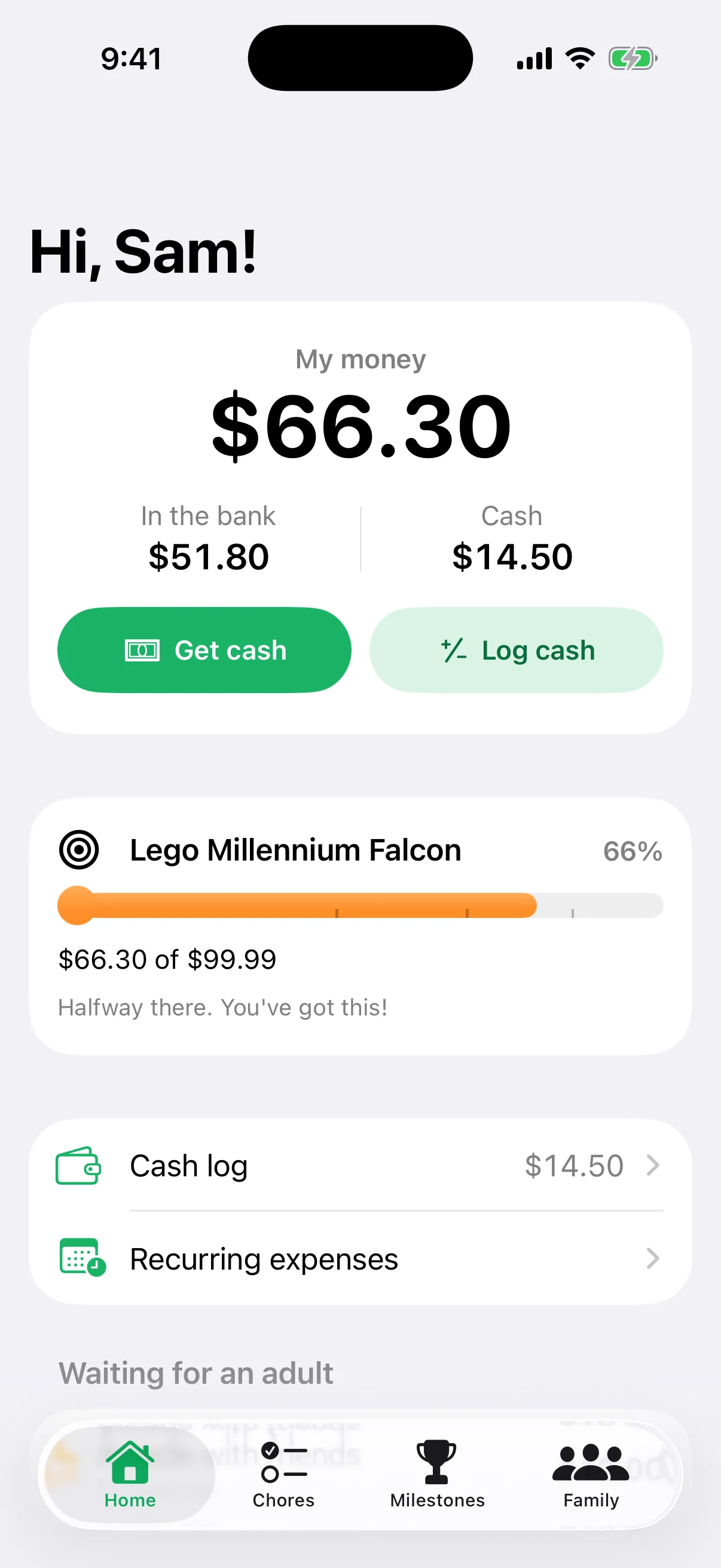 A savings goal for a Lego Millennium Falcon: $66.30 of $99.99, 66%