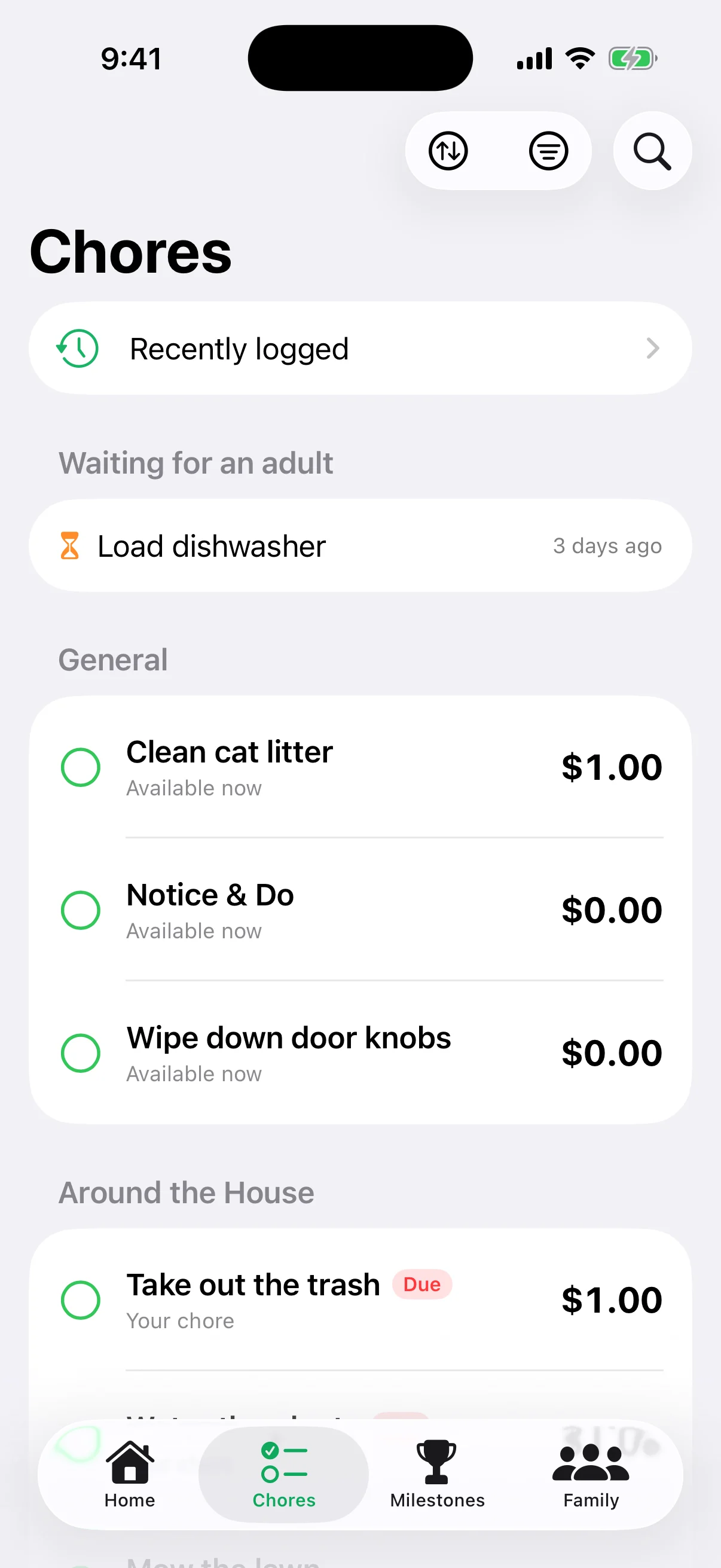 The chores list, with a chore waiting for an adult