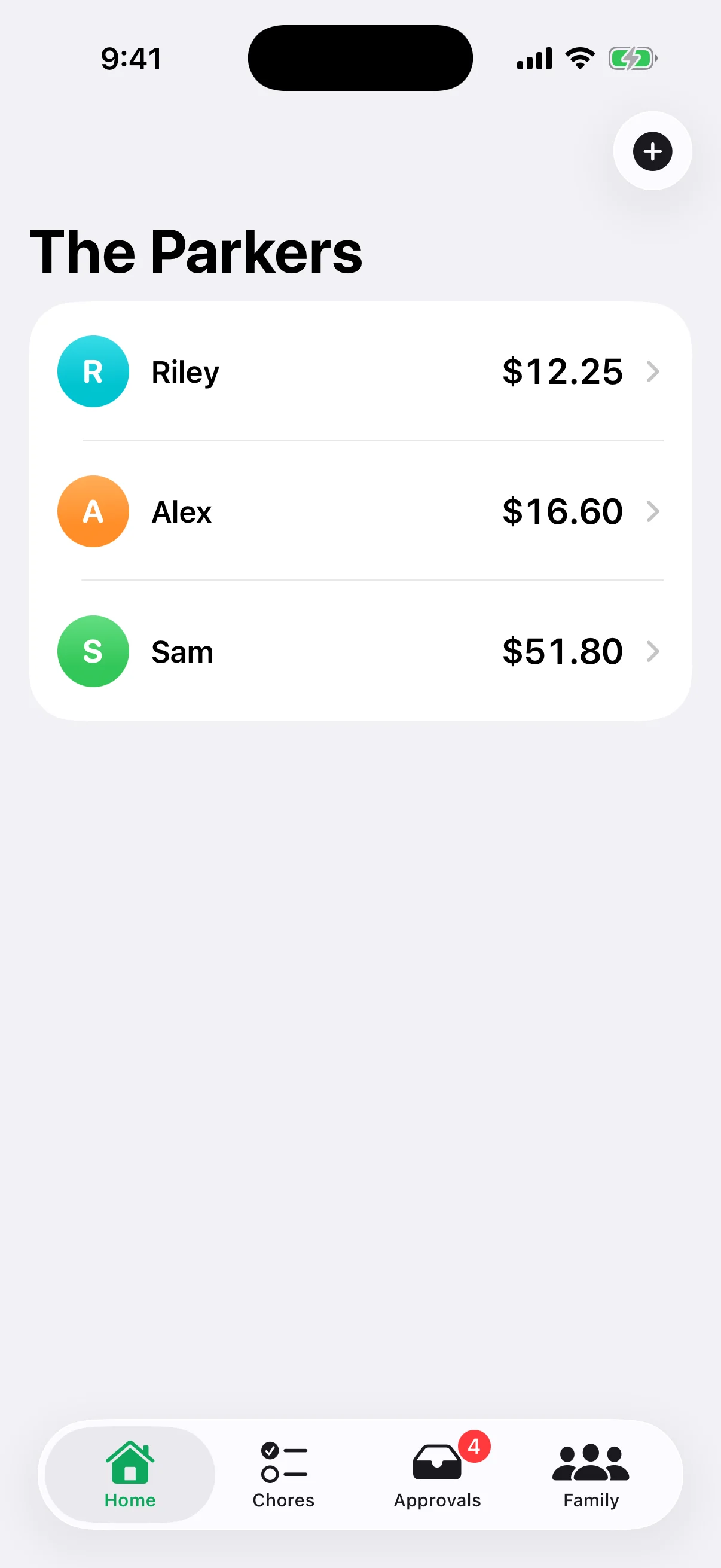 An adult's home screen listing each kid's balance